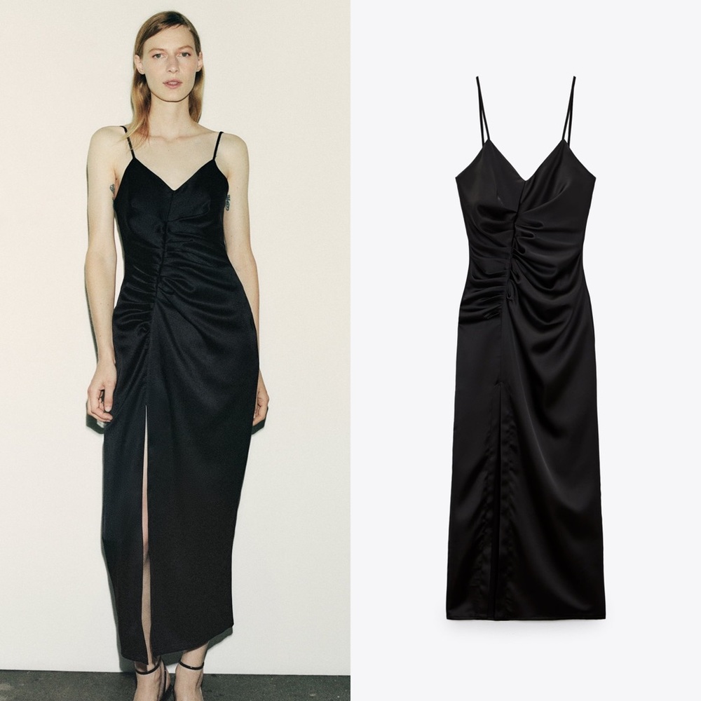NWT Zara Midi Slip Dress Black with Front Slit and Ruching Satin Effect